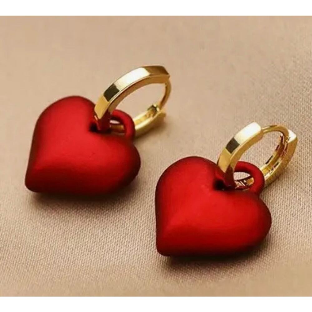 Red Enamel Heart Huggie Earrings